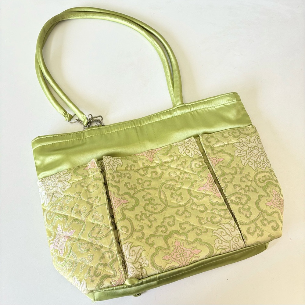 Asian Green Embroidered Silk Blend Tote Shoulder Bag Hobo Zip 16”x11”